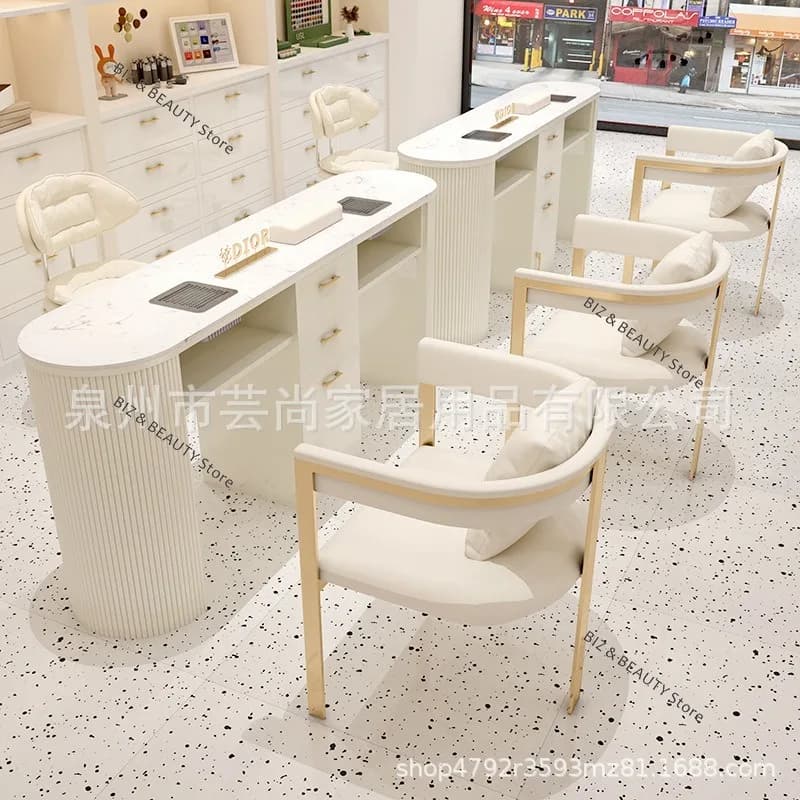 Light Luxury Cream Style Nail Tables Two People with Rock Plate Set Nail Tables Vacuum Cleaner Salon Furniture Tavolo JTN