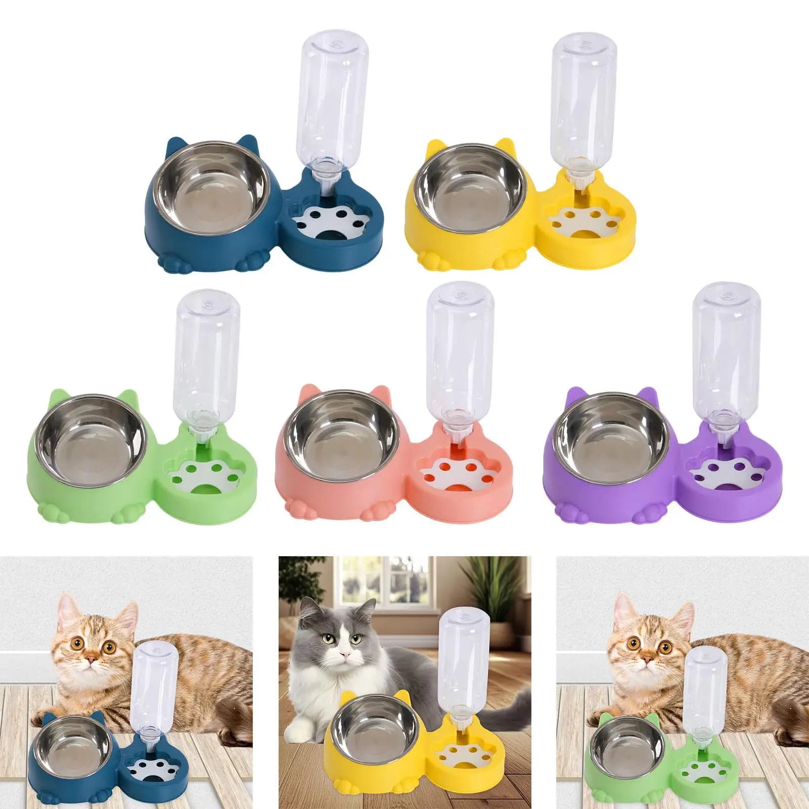 Set di Ciotole Inclinabili per Cibo e Acqua con Dispenser Automatico, Stazione di Alimentazione per Cani di Piccola e Media Taglia e Gatti da Interno