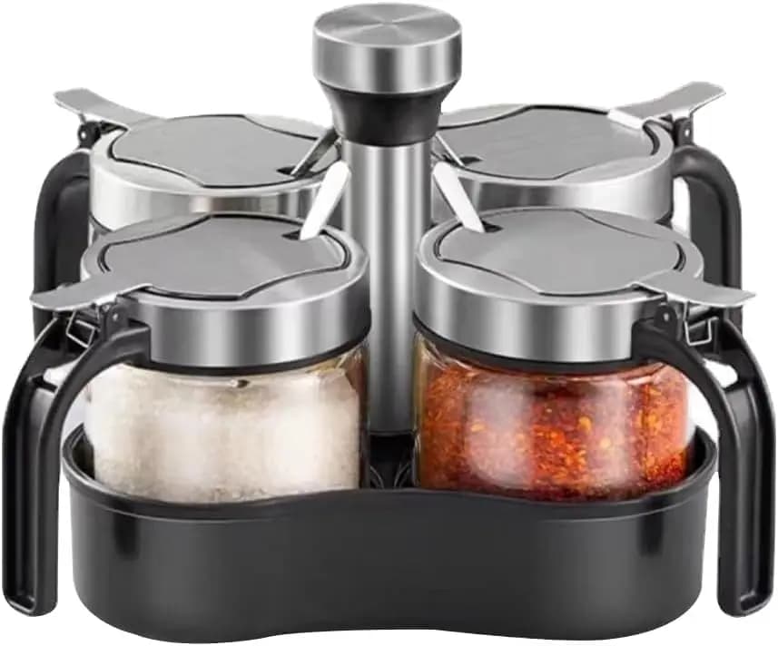 360 ° Set di 4 Contenitori Rotanti per Spezie in Acciaio Inox 304 con Coperchi e Cucchiai, Lussuoso Set Girevole per Sale e Zucchero