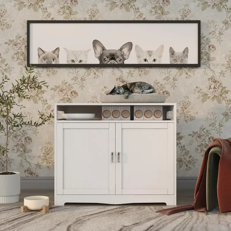 Grande contenitore per lettiera per gatti in legno con spina nascosta, 2 ante, panca portaoggetti per bagno per gatti da interno e tavolino, gatto bianco