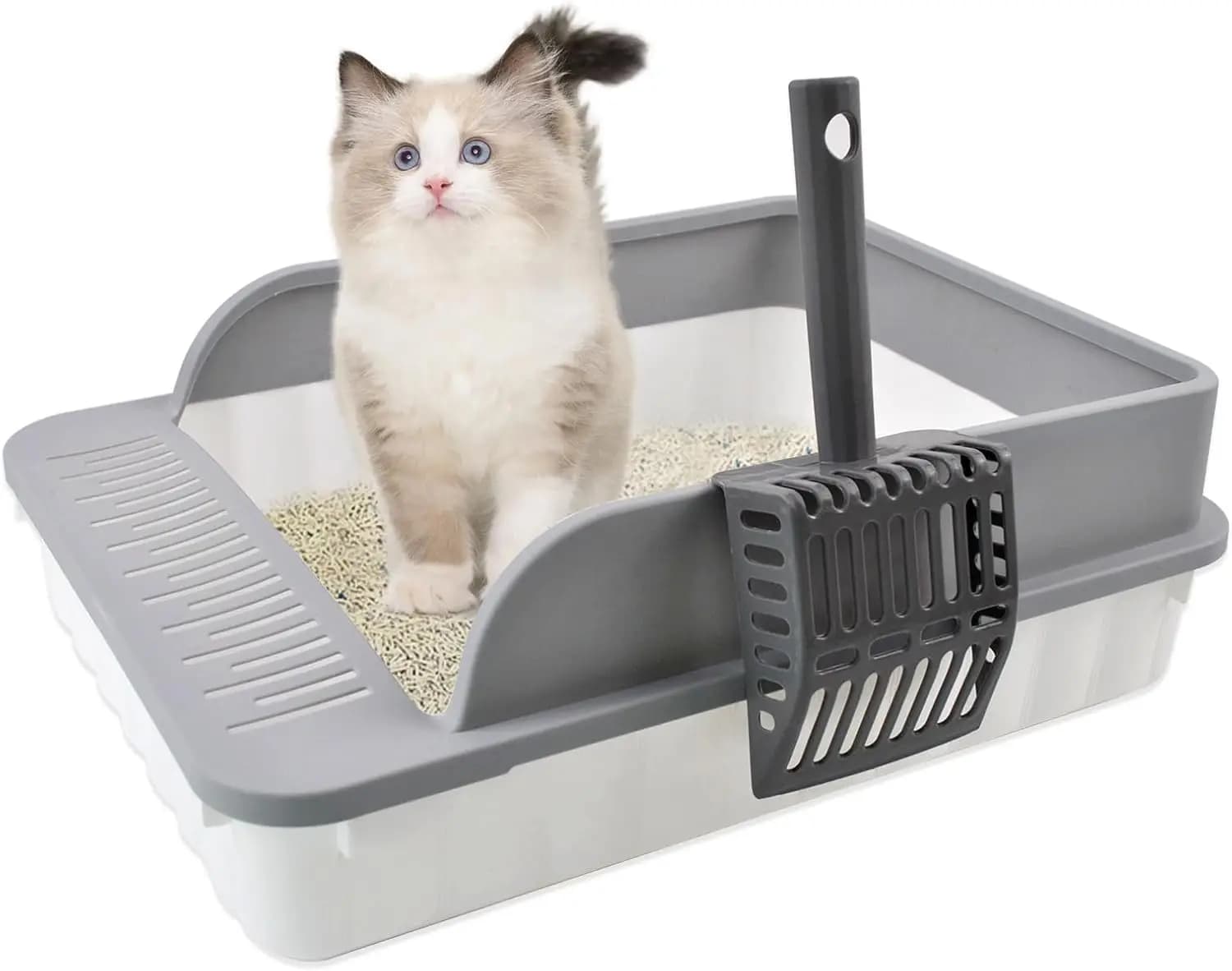 Lettiera per gatti a bordi alti, vassoio semi-chiuso anti-schizzo con paletta per la cernita, rimovibile, deodorante, facile da pulire (Grigio)