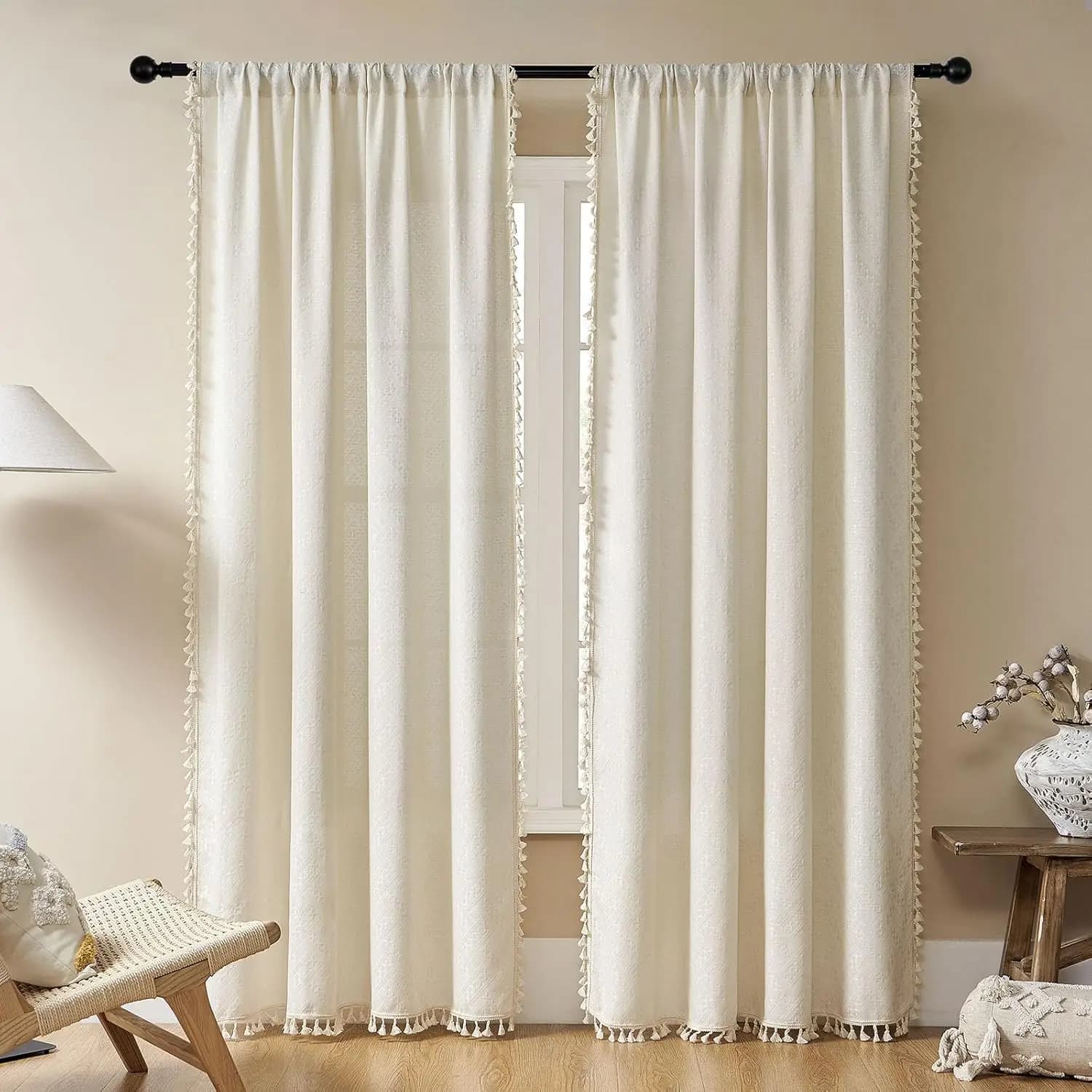 Boho Curtains in Natural Linen Beige, Length 84 Inches, Super Soft with Nappe, Semi-Transparents and Filtrants Bedroom Light and Living Room