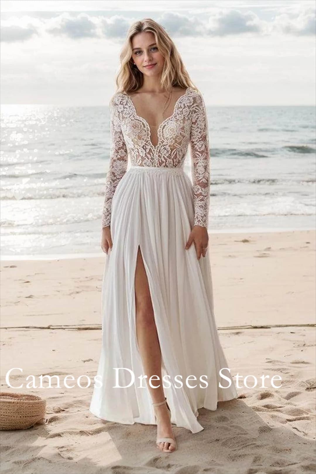 SONDR Beach Lace Wedding Dresses with Deep V Neck Custom bohemian Wedding Dresses with Side Chiffon Split Simple Women's Wedding Dresses
