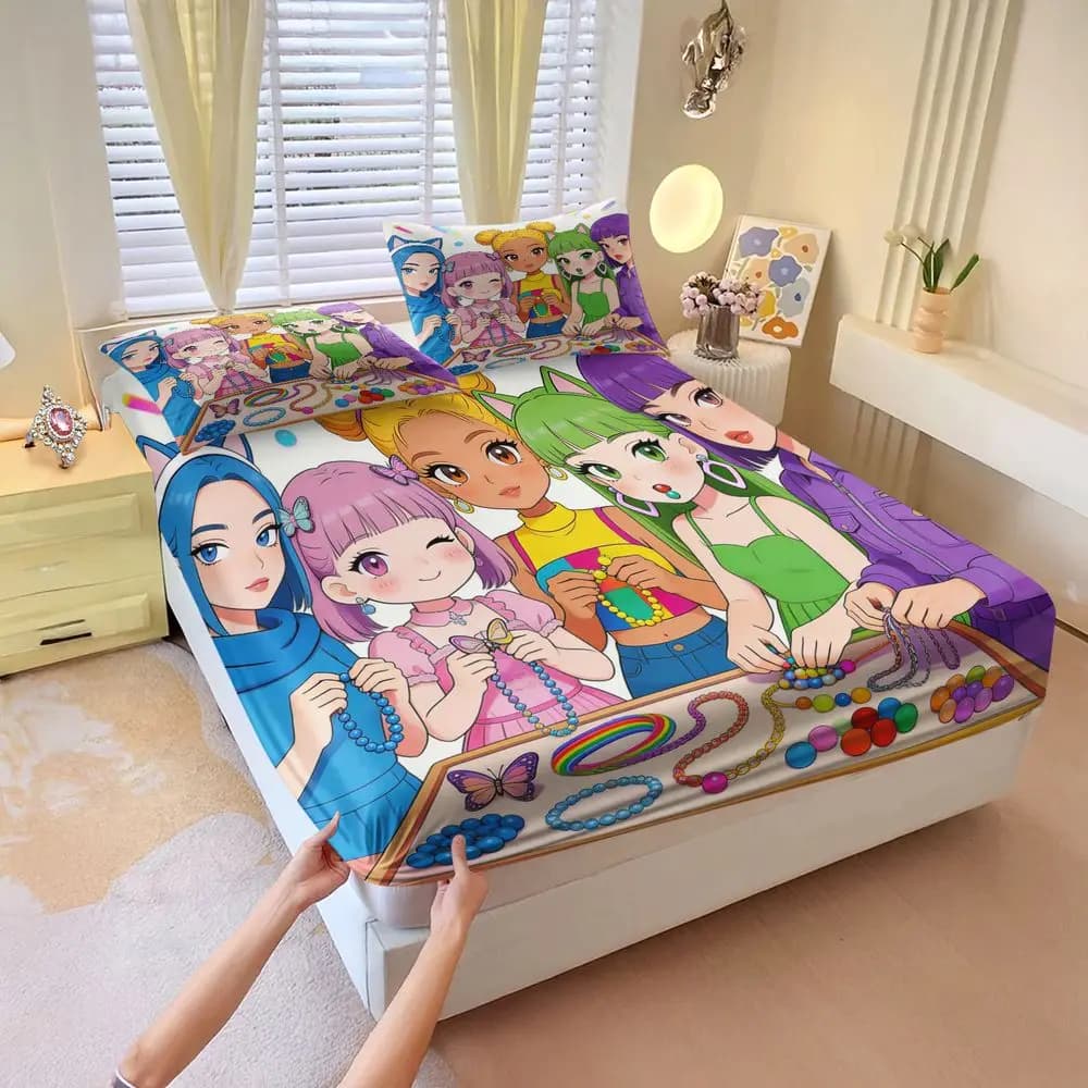 Anime Bead Jewelry Girls Print Fitted Sheet Set Bed Sheet Set Vibrant Pastel Stars Rainbows Duvet Cover for Dorm Home Decor