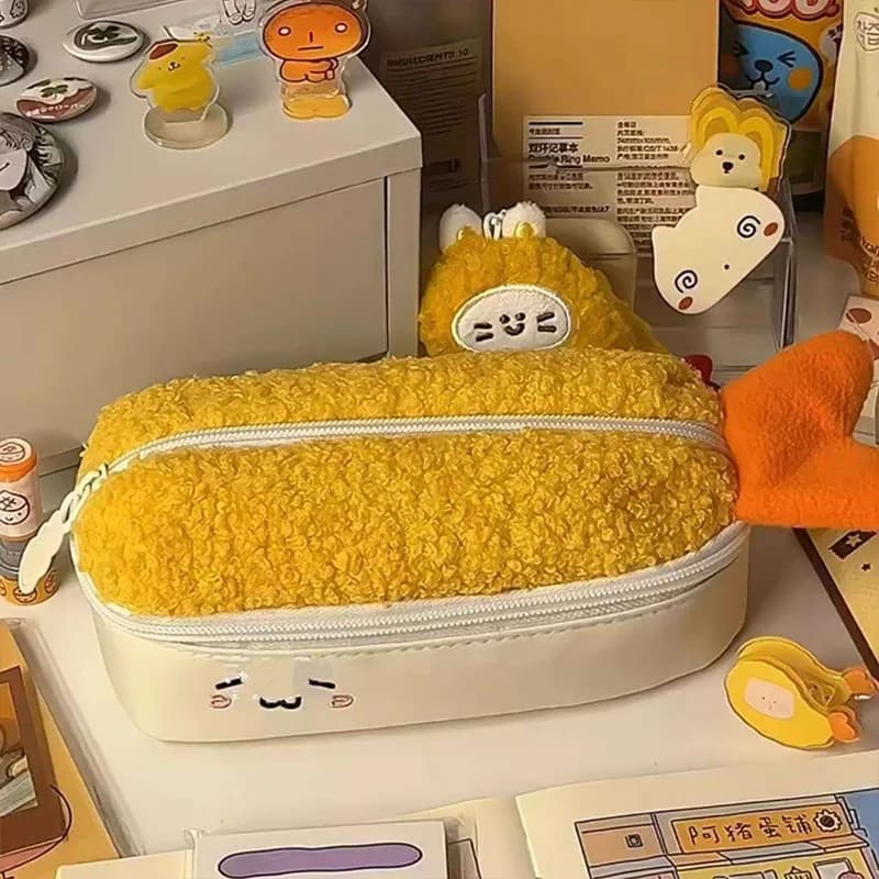 Astuccio in peluche a forma di gambero fritto 2025, simpatico, grande capacità, a doppio strato, di alta qualità, per studenti, porta cancelleria