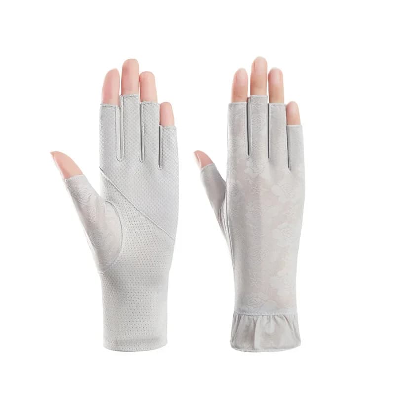 Guanti da donna mezze dita sottili elasticizzati in pizzo, protezione solare, anti-UV, traspiranti, per nail art, in seta ghiaccio