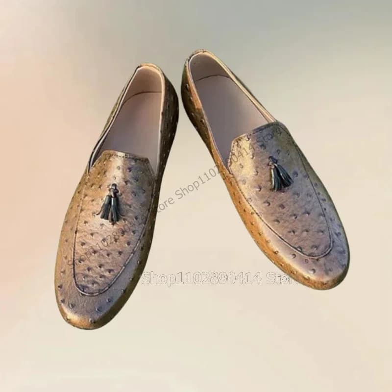 Brown Ostrich Print Tassels Decor Men Loafers Fashion Slip On Men Shoes Luxurious Handmade Party Feast Banquet Men Casual Shoes