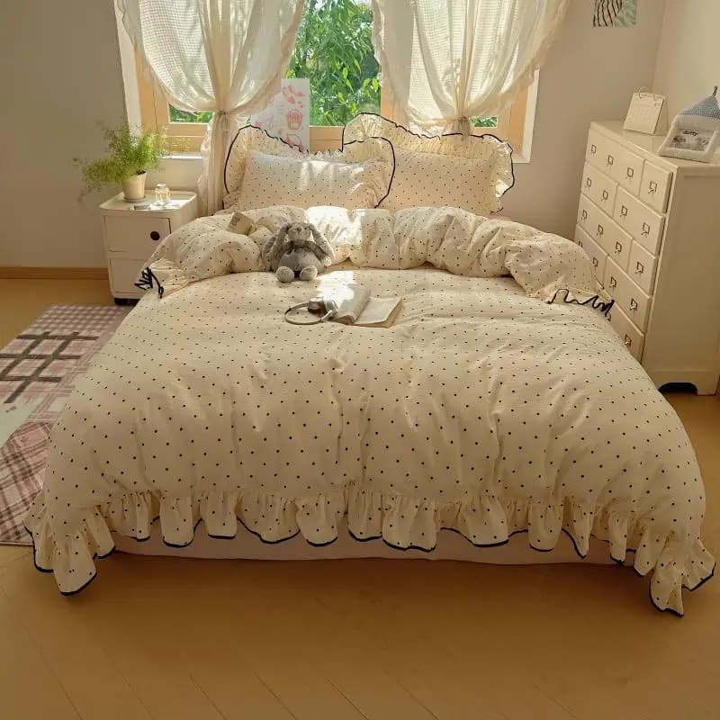 3/4Pcs Bedding Set Korean Princess Polka Dot Ruffle Bedding Set Double Bed Single Duvet Cover Pillowcase Flat Four-Season Set