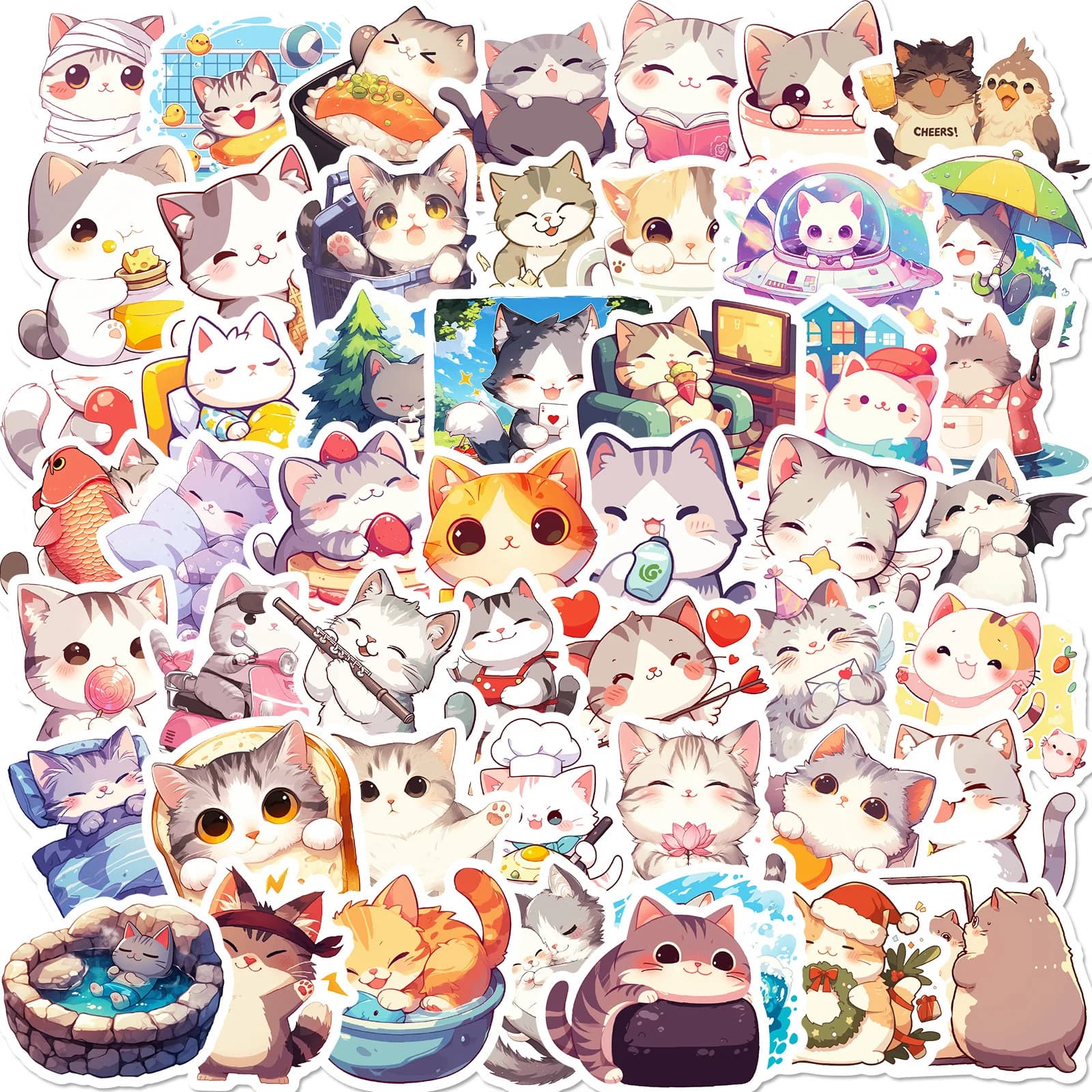 50 pcs Daily life of cute cats Cartoon Graffiti Stickers Phone DIY Guitar Laptop Notebook Valigia Waterproof Wall decal Kids Toy