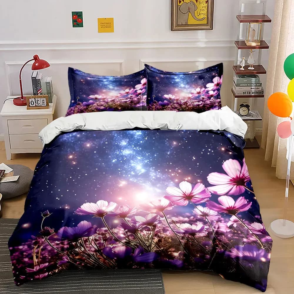Set di biancheria da letto con copripiumino morbido e confortevole "Flower Galaxy Dream Set", include 1 copripiumino e 2 federe, regalo
