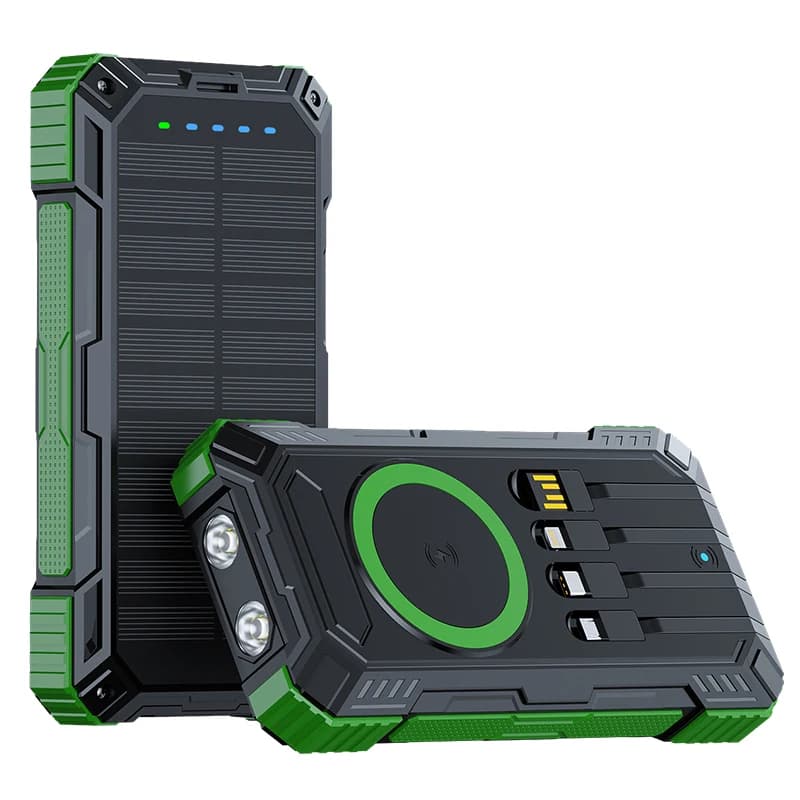 Power Bank Solare KAKAS da 20000mAh con 4 Cavi Integrati e Luce da Campeggio, Batteria Esterna Portatile
