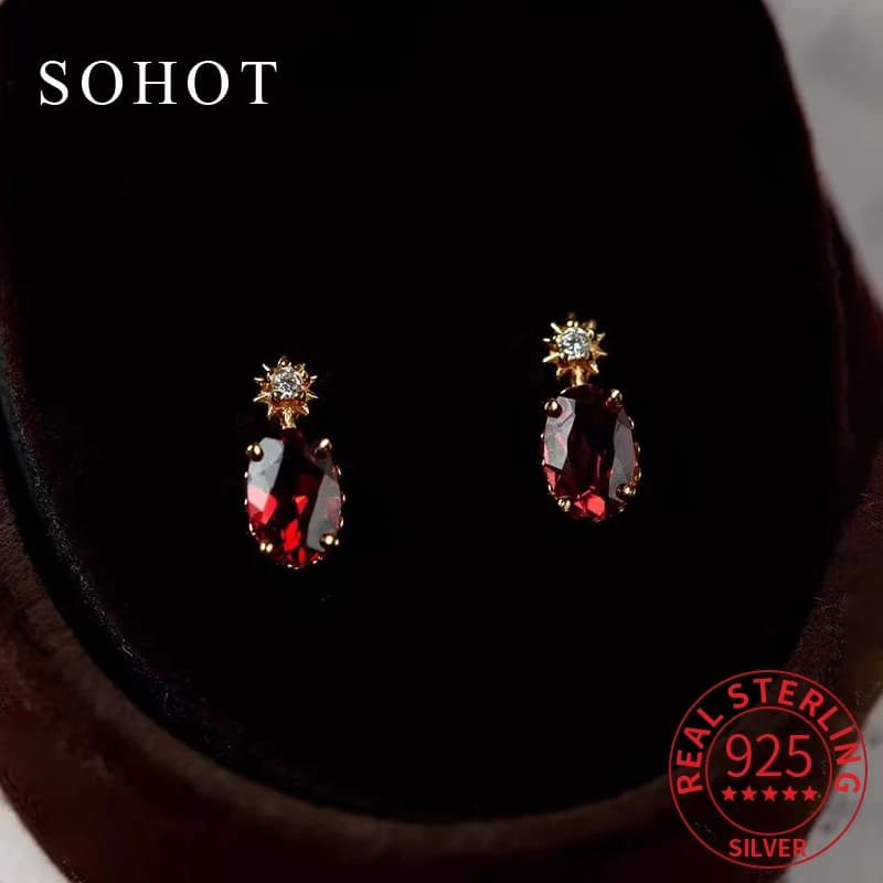 Orecchini a bottone con zirconi ovali rossi in vero argento sterling 925 per donne alla moda, gioielli di lusso leggeri, accessori vintage minimalisti