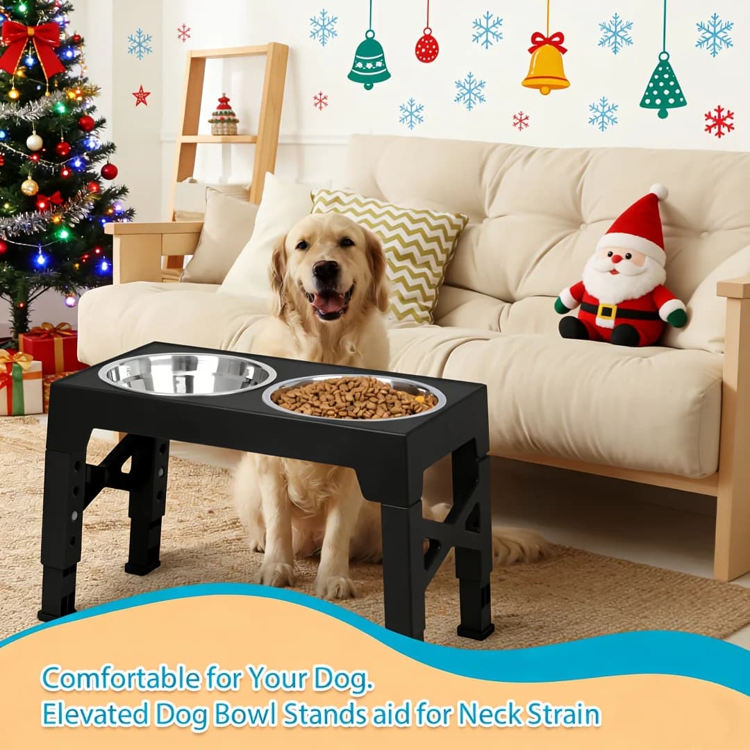 Black 5 Height Adjustable Raised Dog Bowl Elevated Dog Bowls with 2 Stainless Food And Water Bowls, Non-Slip Bowl Stand for Large Medium Dogs Pets