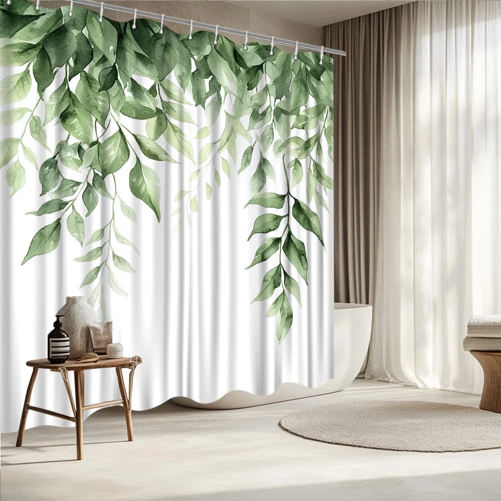 Tenda da doccia con foglie appese in acquerello – Fogliame verde variopinto su sfondo bianco, stampa, poliestere resistente allo sbiadimento, 12 ganci