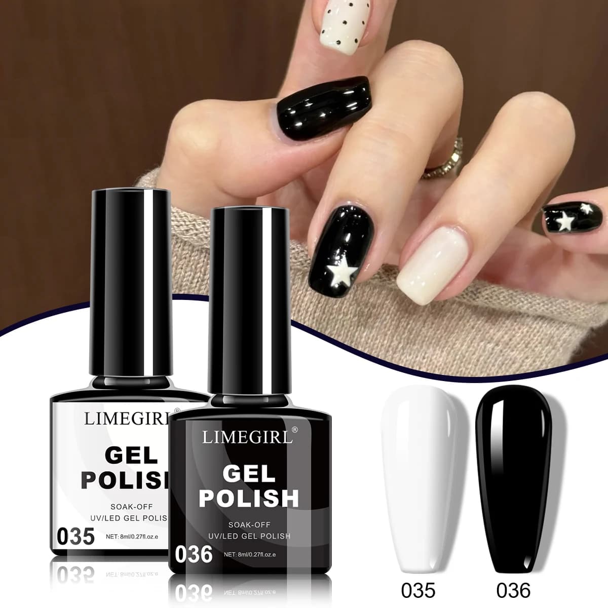 LIMEGIRL 8ML Smalto per unghie gel Smalto gel bianco nero Semi permanente Soak Off UV LED Smalto gel francese Nail Art Fai da te a casa