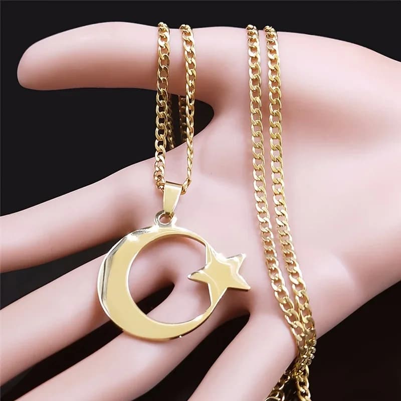 Collana da donna in acciaio inossidabile con luna crescente islamica musulmana, gioielli dorati per il Ramadan mediorientale 2026