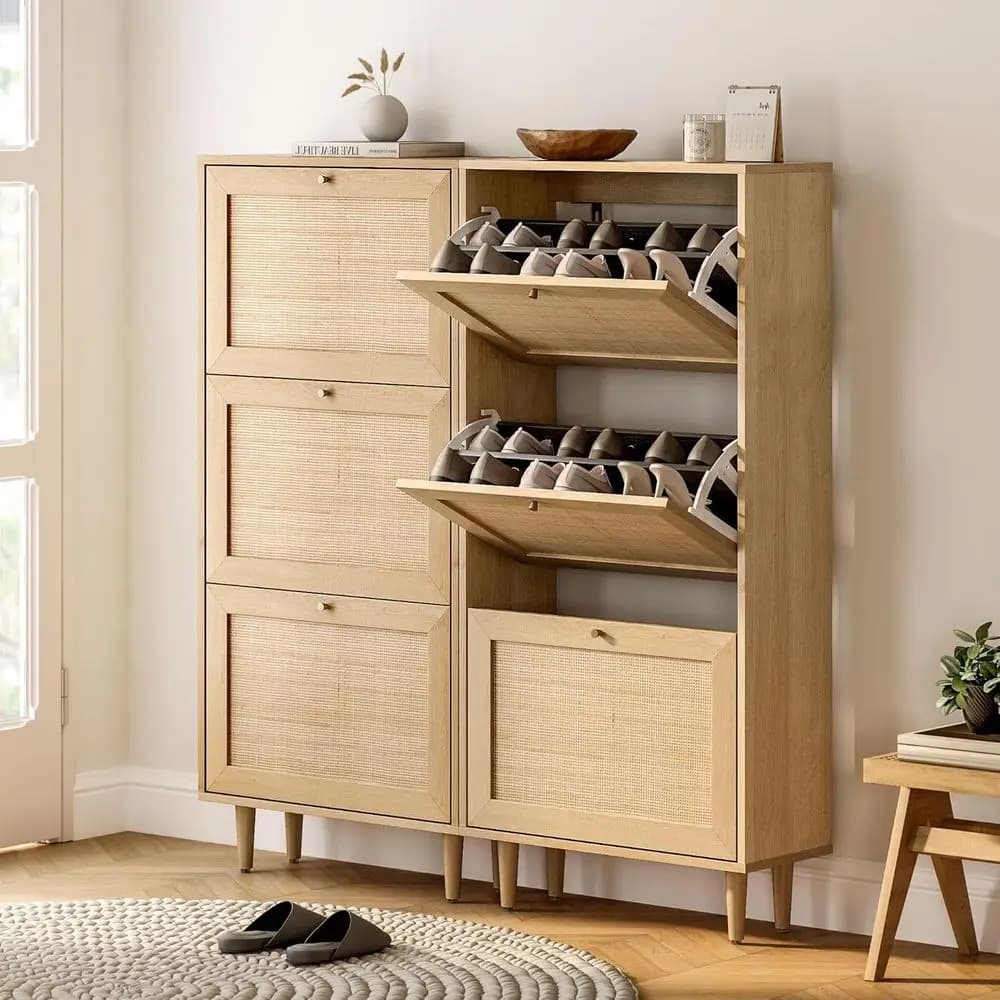 Slim Hallway Shoe Cabinet with 3-tier Storage, Wooden Legs, Natural Oak Finish