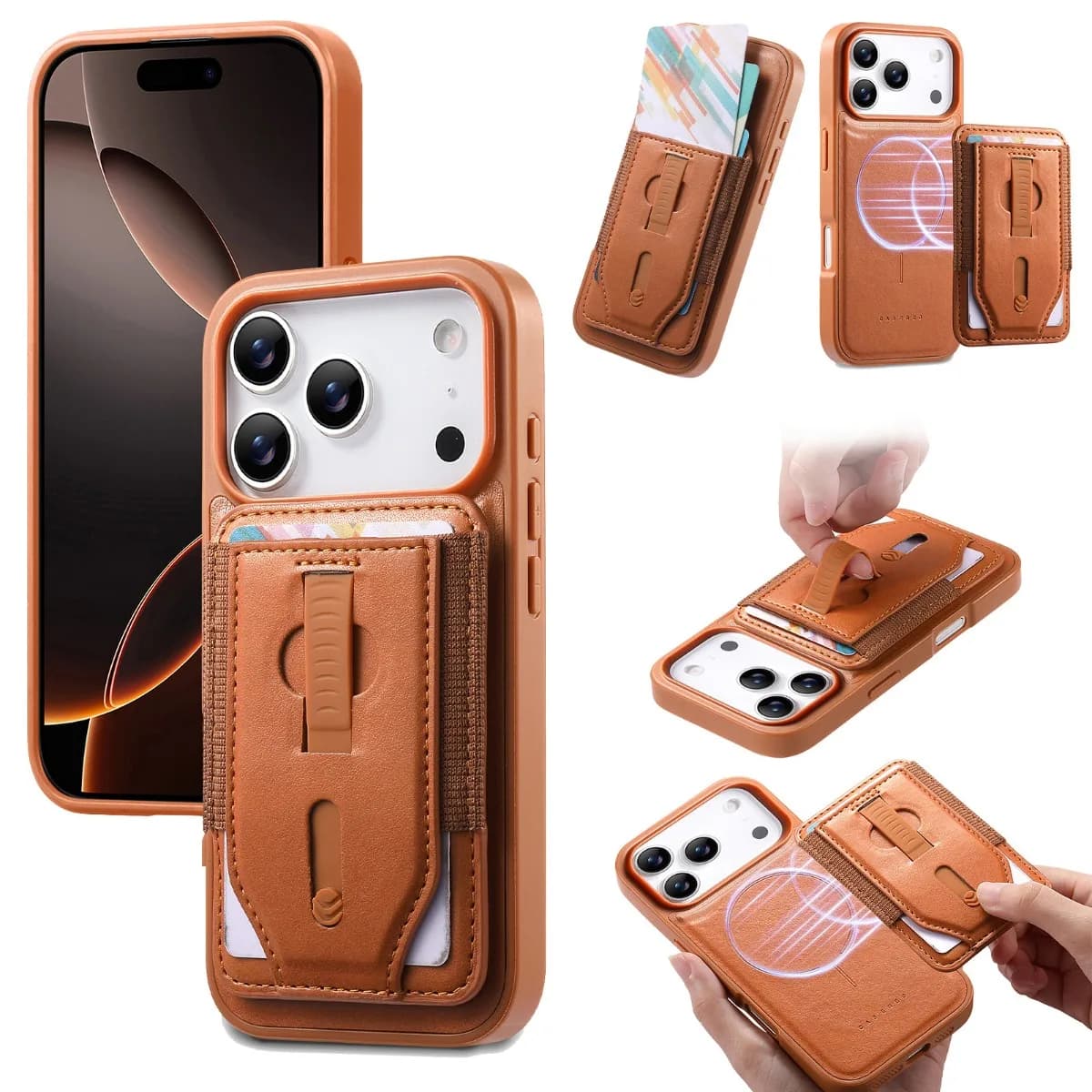 Phone Case 2 in 1 detachable in magnetic leather with card holder for iPhone 17 16 Plus 15 14 13 Pro Max, with silicone wrist strap