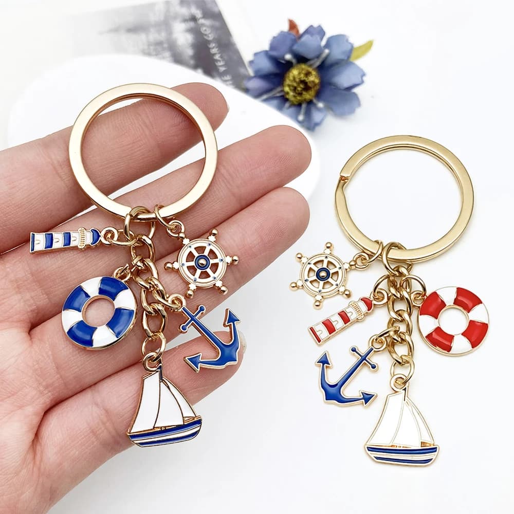 Mini Metal Sailboat Lighthouse Life Buoy Pendant Keychain Enamel Anchor Key Holder Backpack Decor Marine Worker'S Souvenir Gift