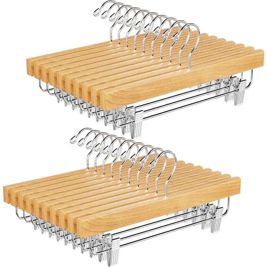 Pack of 20 Wood Hangers with Adjustable Clips, 360° Swivel Hook for skirts with Anti-rust Clips for Pants