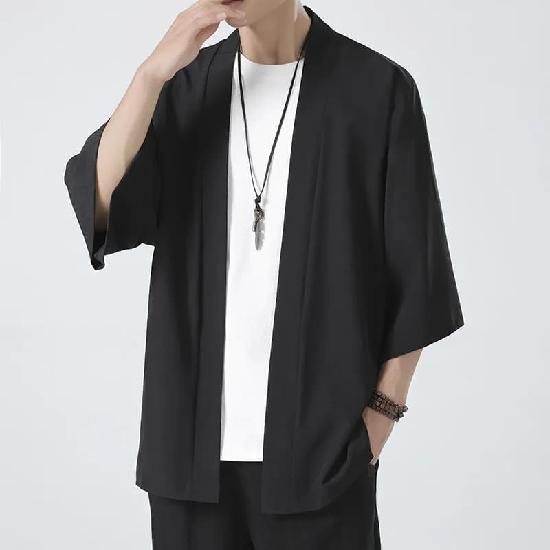 Kimono leggeri da uomo caldi Abbigliamento tradizionale giapponese Mantello cardigan aperto sul davanti maschile Cappotto giacca Haori Yukata Nero