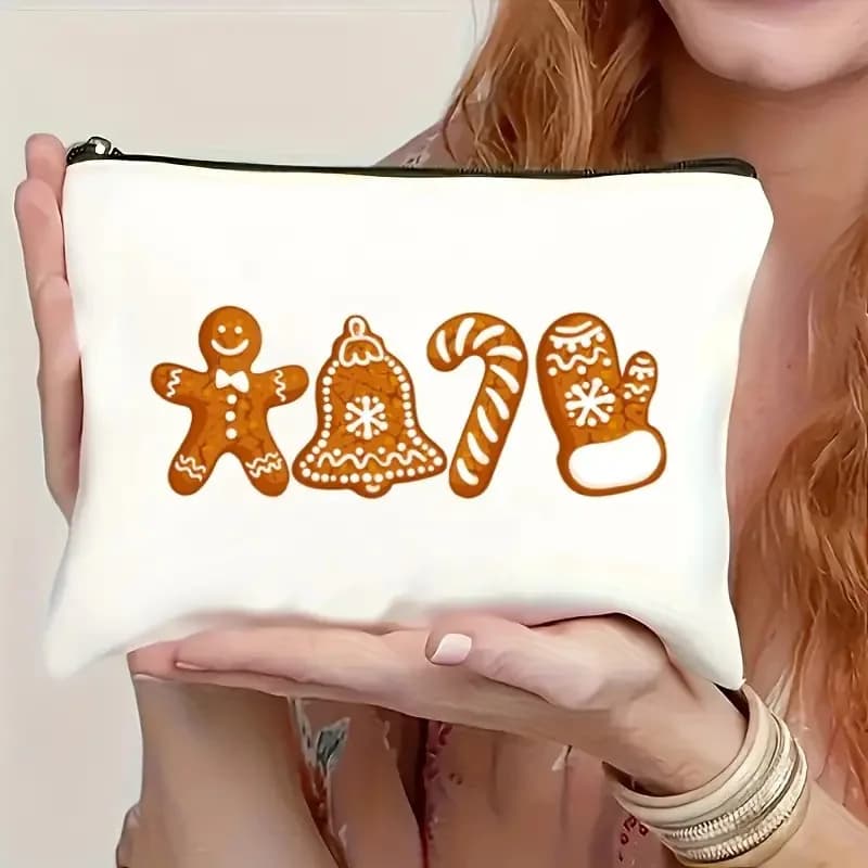 Christmas Gingerbread Man Print Makeup Bag Zipper Cosmetic Pouch Portable Travel Toiletry Storage Organizer Holiday Women Gift