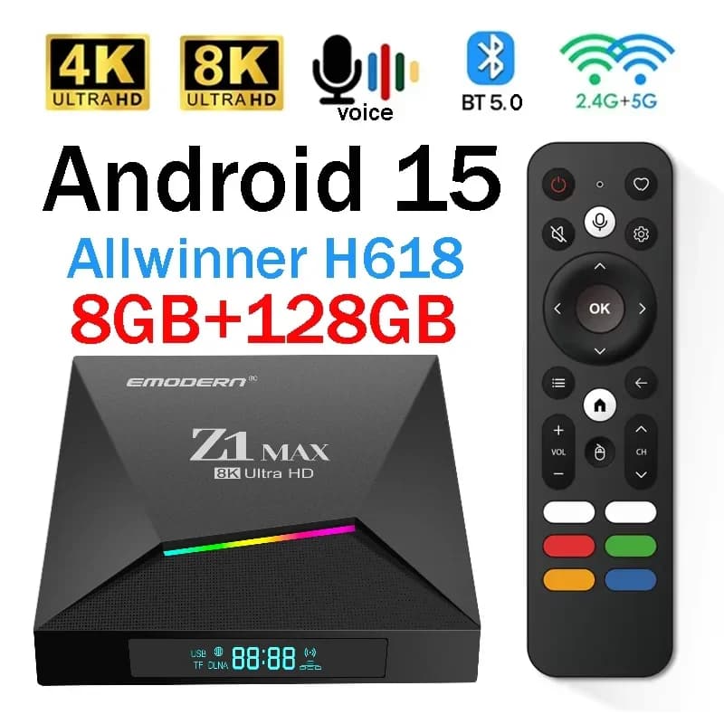 Z1 Max TV Box Android 15 iptv Allwinner H618 Quad Core 4G 5G Dual WiFi HD 8K 4K Lettore multimediale BT 5.0 Supporto TV remoto vocale