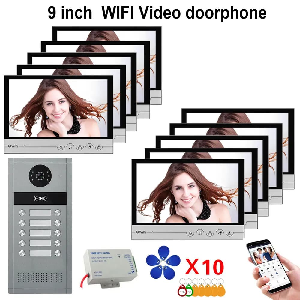 Videocitofono Smart Tuya Wifi per appartamenti da 6/8/10 unità Schermo da 9 pollici con scheda RFID/APP Sblocco campanello Sistema telecamera