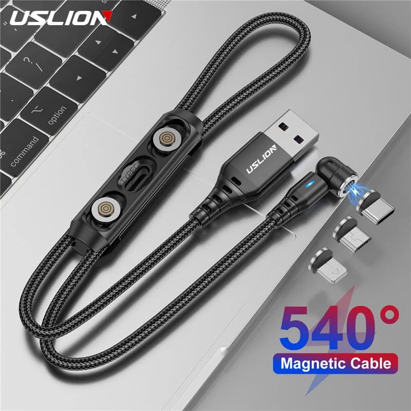 USLION 3 in 1 540 Ruota 5A Cavo magnetico Ricarica rapida Micro USB Tipo C Spina del cavo Storege Box Magnete Caricatore Cavo USB