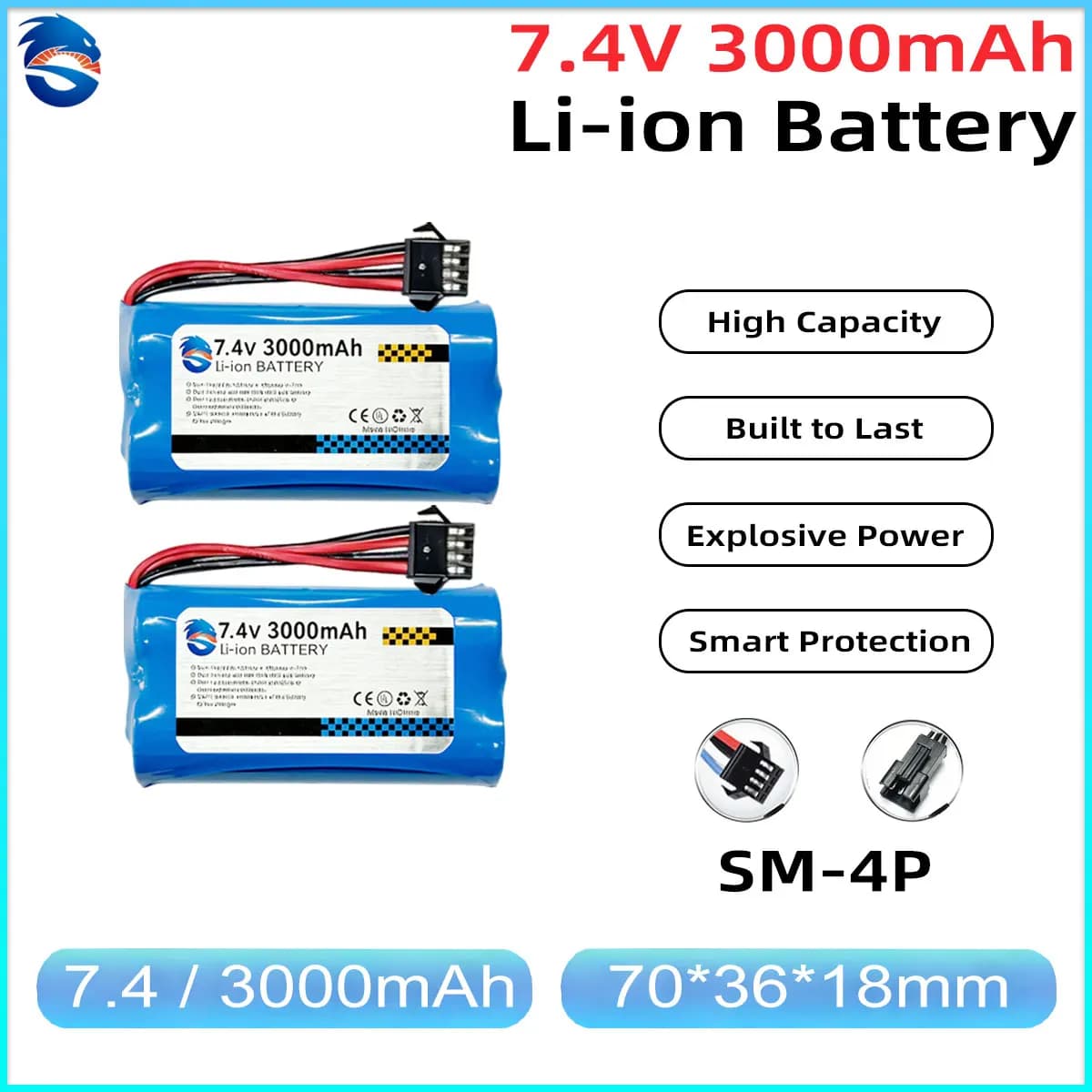 Batteria Li-Ion Skymaker 7.4V 3000mAh 2S 15C con connettore SM4P per modelli WPL C24-1 C14 C54 B24 B36, ricambi per upgrade auto RC
