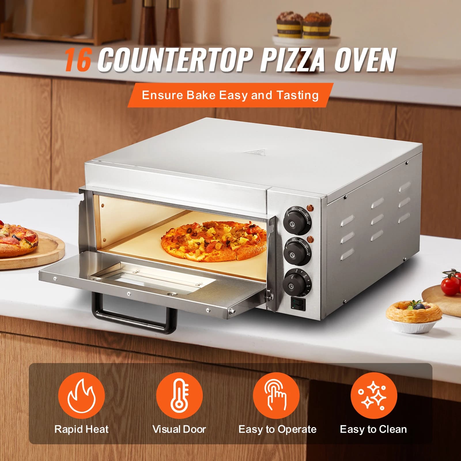 Commercial Pizza Oven Countertop Single Deck Layer Stainless Steel Electric Pizza Oven w/ Stone and Handle Pizza Maker