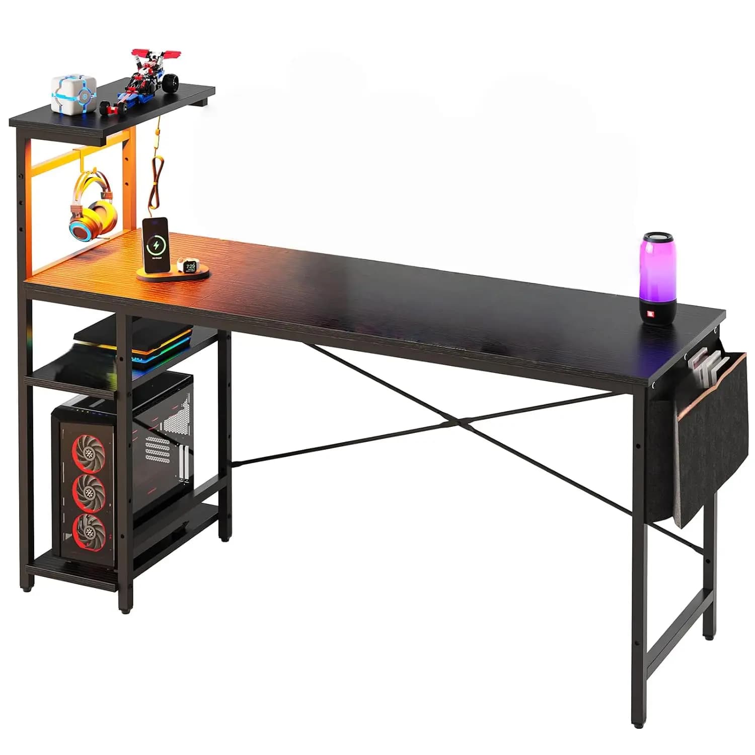 Scrivania da Gaming 61 Pollici con LED, Ripiani Regolabili in Altezza, Telaio in Acciaio, Piano in Fibra di Carbonio, Personalizzabile