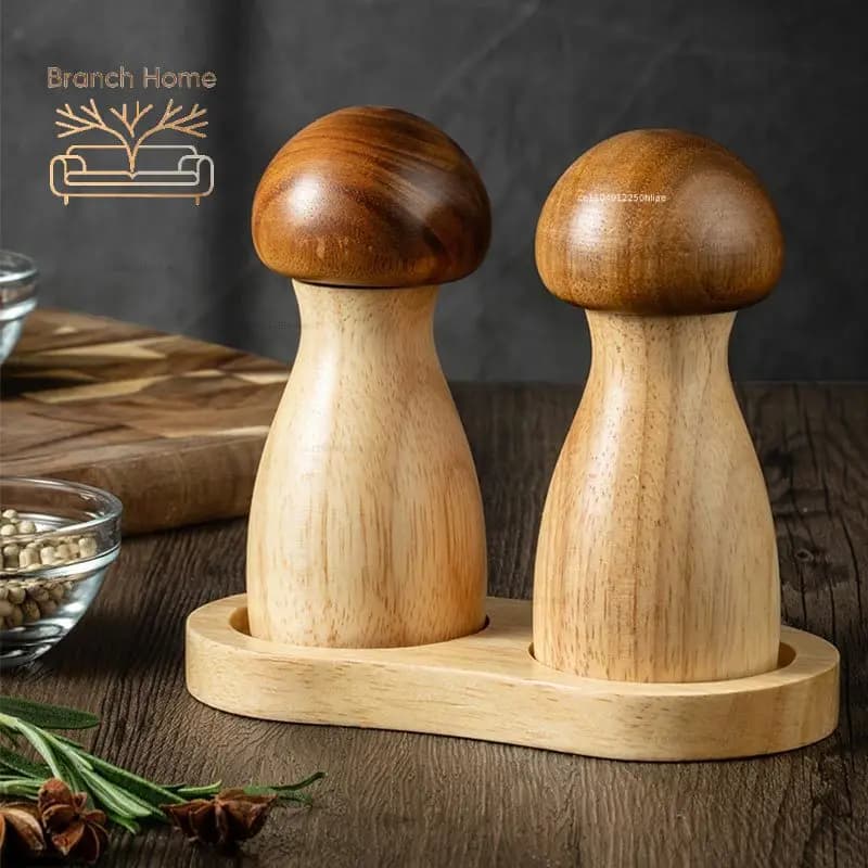 Creative Mushroom Wood Pepper Grinder Sea Salt Black Pepper Grinding Bottle Base Set Kitchen Spice Mill Wooden Salt Shaker