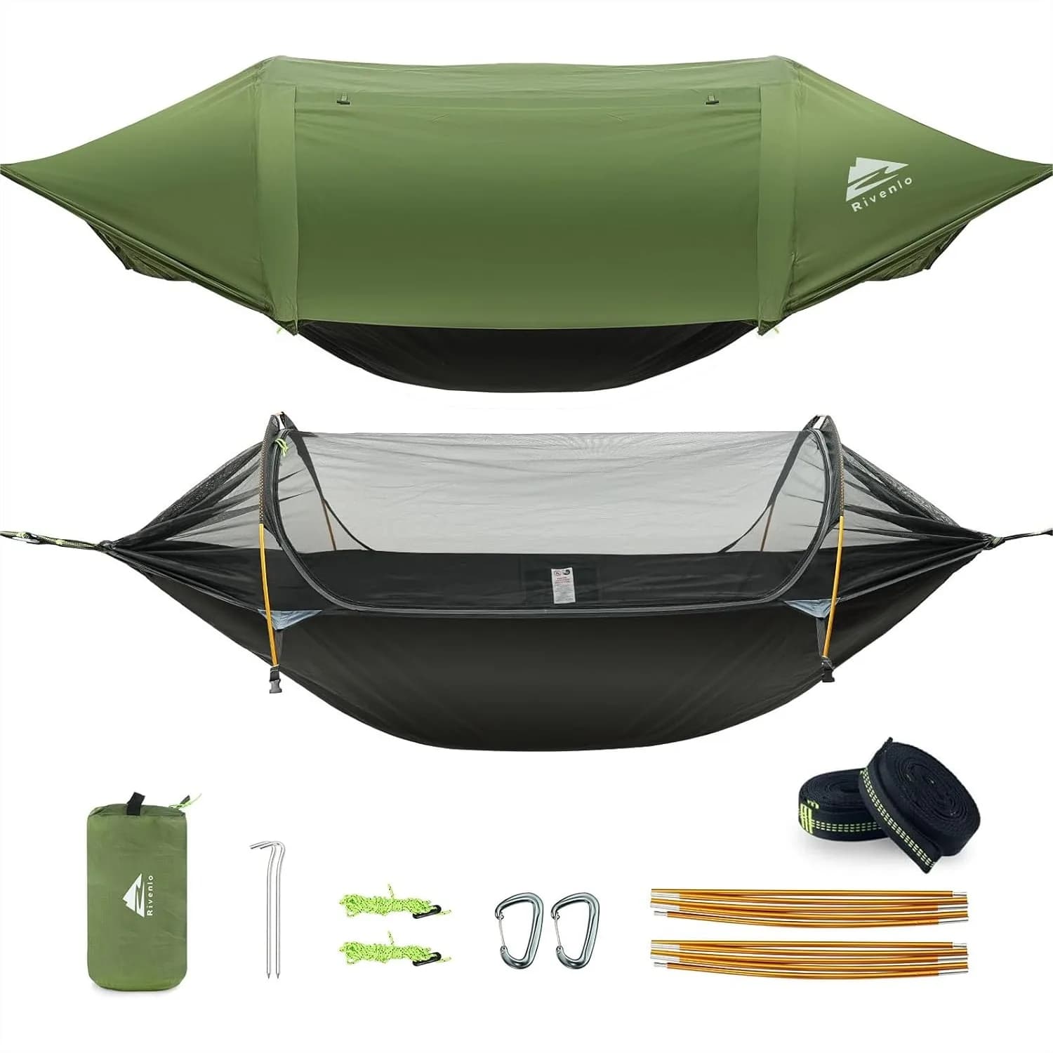Amaca da campeggio con zanzariera e telo antipioggia, 3 in 1, impermeabile, leggera e portatile, per escursioni