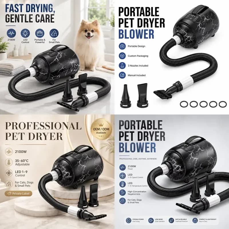 Powerful 2100W professional-grade dog and hair dryer with LED panel control, environmentally friendly ABS material