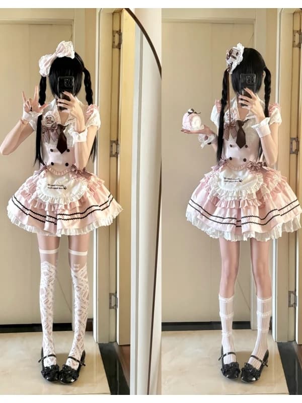 Cute Pink Lolita School Uniform Style Three-Piece Set with Blouse Vest And Puffy Skirt Short Sleeve Collar Summer Fashion