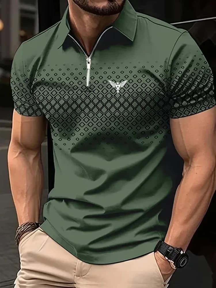 Polo da golf con zip da uomo Sport e outdoor Casual Quarter Zip Manica corta Moda Streetwear Check Polo con zip primaverile ed estiva