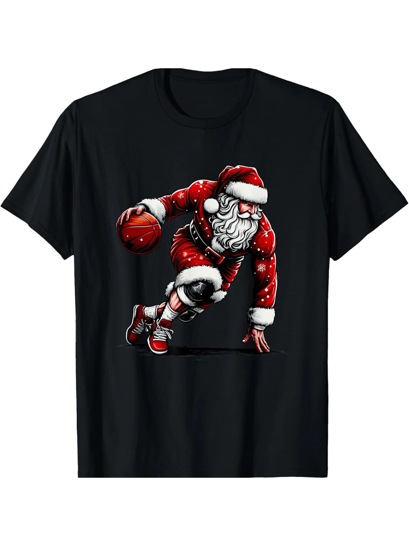 Babbo Natale che gioca a basket con la palla T-shirt a maniche corte da uomo e da donna, girocollo nero