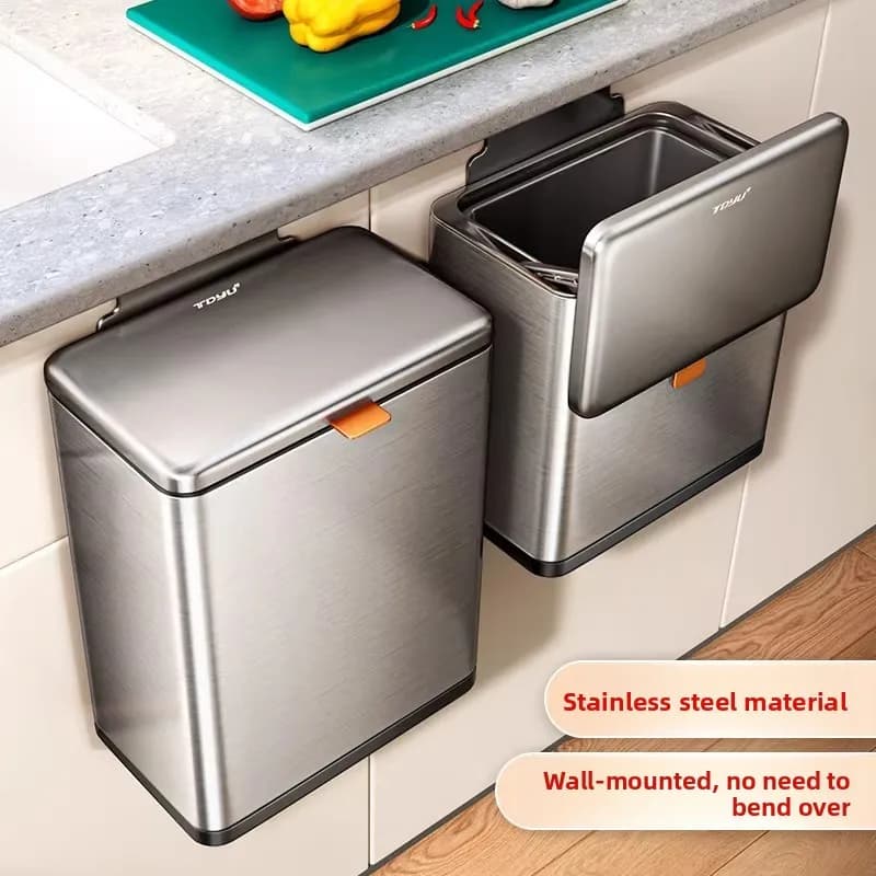 Stainless steel kitchen trash can hanging type household new bathroom living room trash can with lid