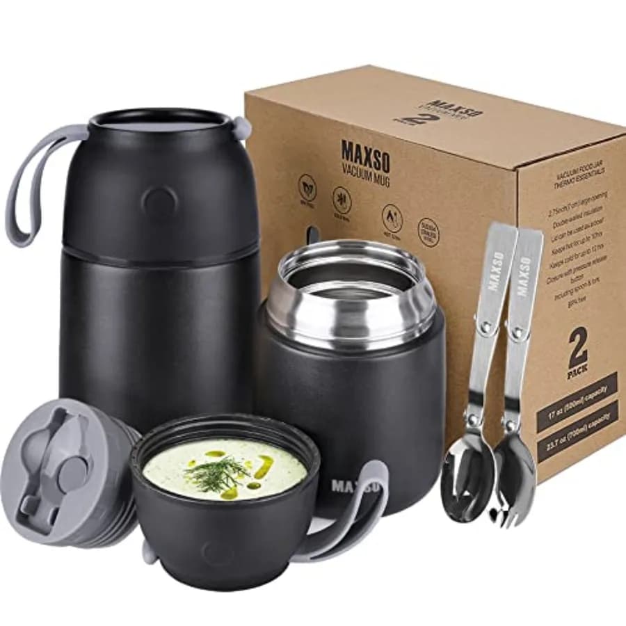 Set di 2 Thermos per Zuppe e Alimenti Caldi e Freddi per Adulti, Contenitori Termici per Pranzo con Isolamento Sottovuoto, Thermos da Viaggio per Alimenti con S