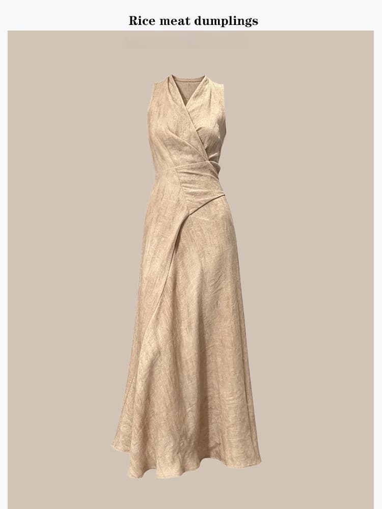 Bohemian Style V-Neck Sleeveless Long Dress Cotton Linen Material Hanging Neck Design Waist-Cinching Belted A-Line Skirt