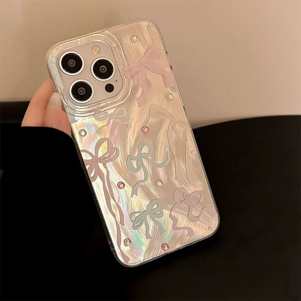 Korean Colorful Bowknot Diamond Stickers Phone Case for iPhone 17 Air 16 15 14 13 12 11 Pro Max Shockproof Protective Hard Cover