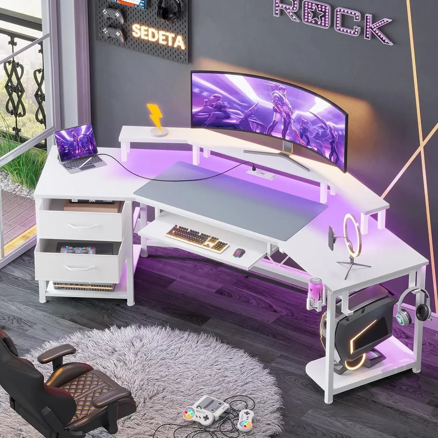 # Per scrivania da gioco da 79", scrivania per computer con 2 cassetti in tessuto e luce a LED, piccola scrivania con contenitore per l'home office e