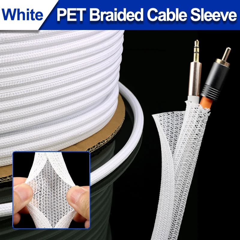 Manicotto per cavo espandibile intrecciato in PET bianco 3mm ~ 25mm Organizzatore di cavi per protezione della linea di tubi flessibili e chiusi isolati