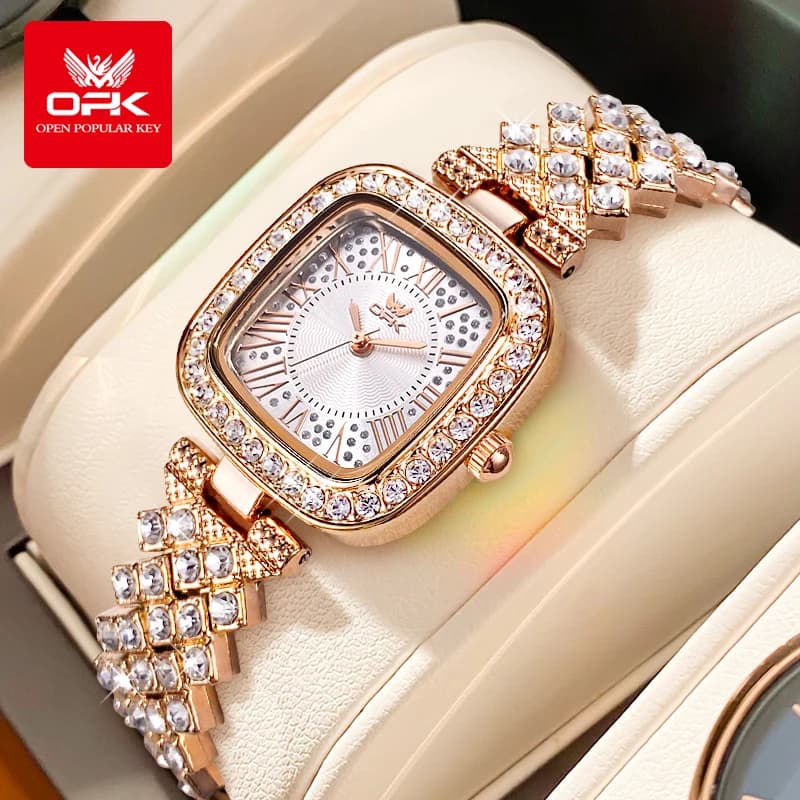 OPK 6048 Women's Full Diamond Quartz Watches Luxury Women's Elegant Wristwatches with Fashionable Rose Gold Steel Strap