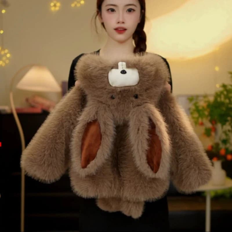 2025 Winter New Cute Bucktooth Rabbit Thick Hooded Warm Fury Coat with Velvet