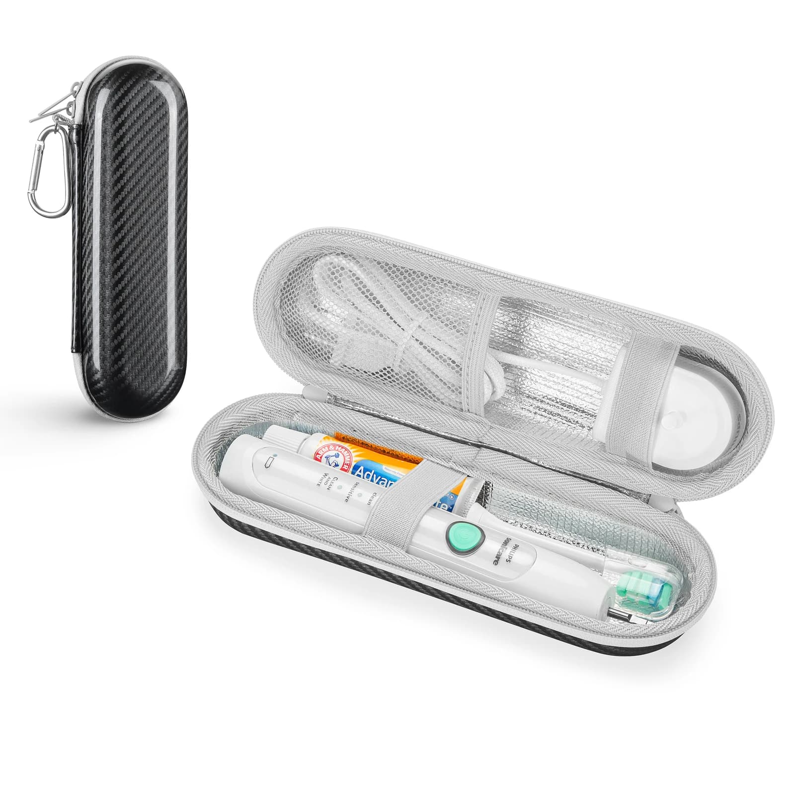 Antibacterial travel case for Oral-B and Philips Sonicare toothbrush, rigid EVA case with mesh pocket for heads