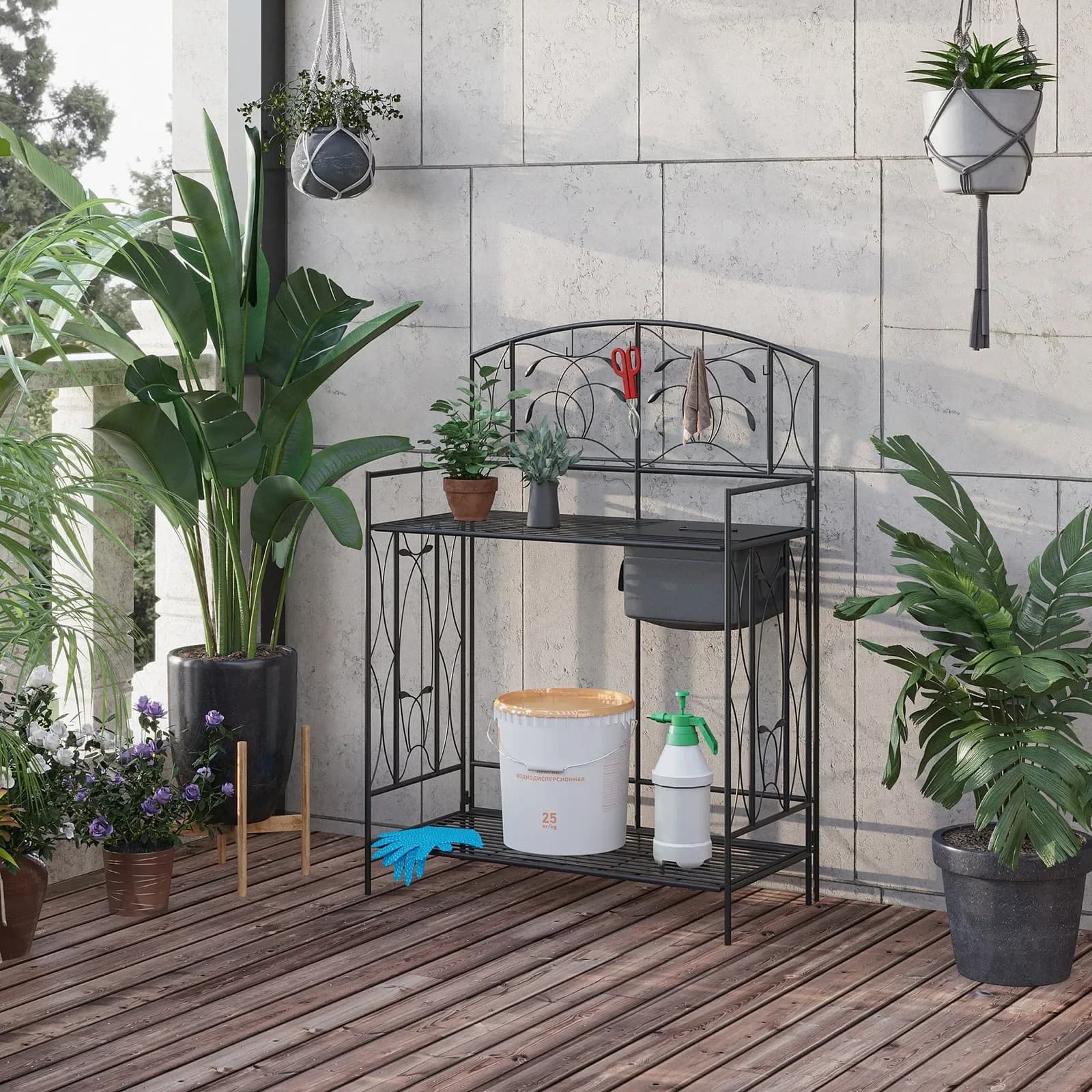Garden Metal Potting Table Planting Bench Outdoor w/ Bag, Hook