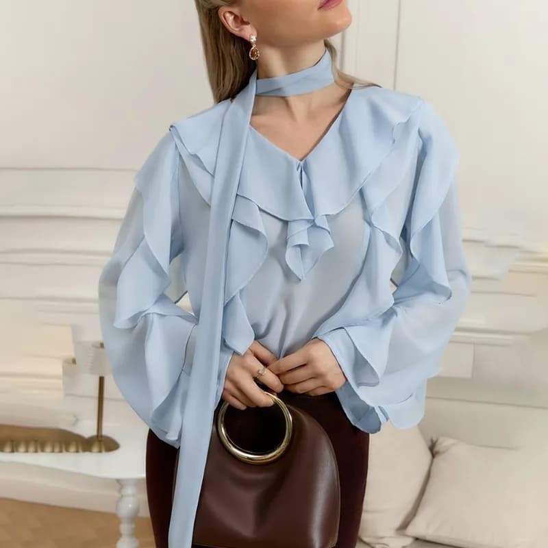 Talenza Camicia casual a nastro Camicia estiva a maniche lunghe con volant Camicia da donna allentata da ufficio Top Solid See Through Pullover con scollo a V Camicetta da donna