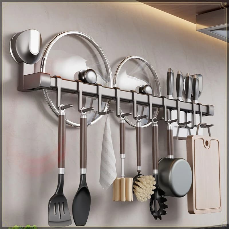 Suction Cup Kitchen Hook Rack Aluminum Punch Free Wall Mount Strong Load Bearing Multifunctional Kitchen Storage Organizer